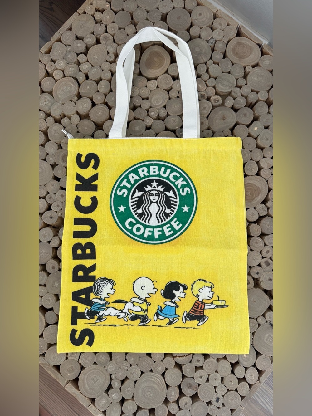Starbucks Yellow Canvas Tote Bag with Green Logo and White Straps